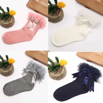 Дантелени чорапи Принцеси за момичета, пролетно-есенния период, детски къси чорапи с много дантела, памучни детски дантелени чорапи принцеса до коляното
